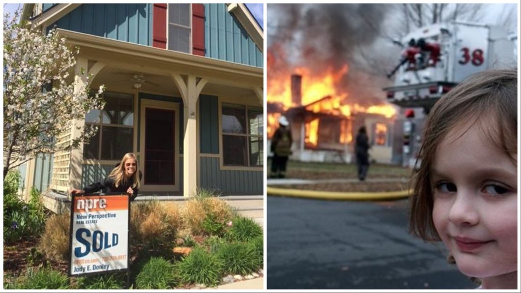 Two sided cologe. One side is a happy home buyer; the other side is a house on fire with suspicious little girl looking at camera.